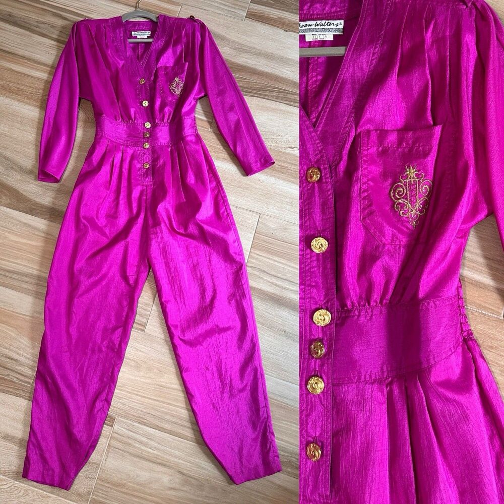 Joan Walters Jumpsuit Women Fuchsia Vtg 80s Petite 10 Retro Disco Boiler